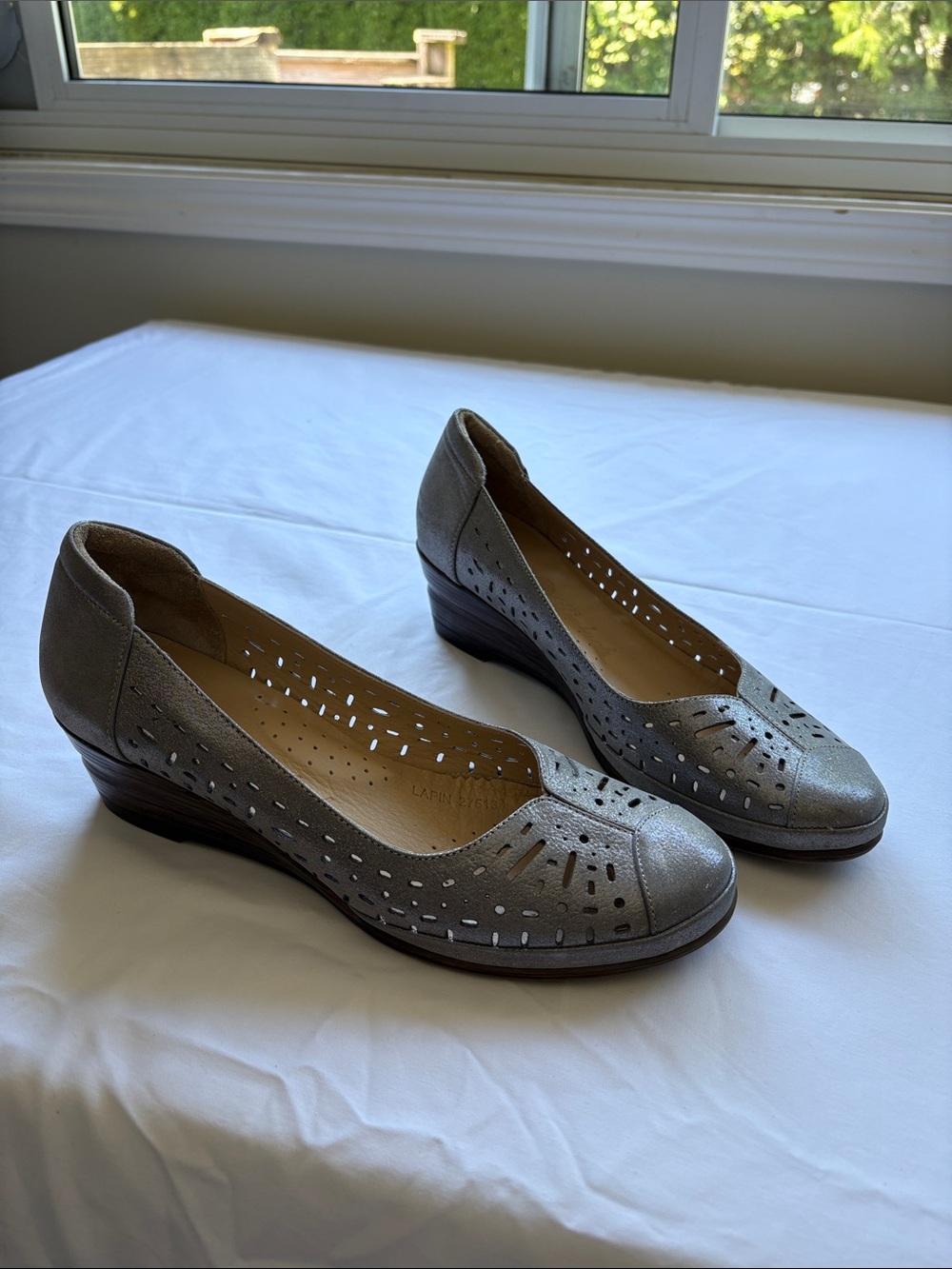 Women's Kinloch Metallic Silver Leather Wedge Pump with Perforated Design